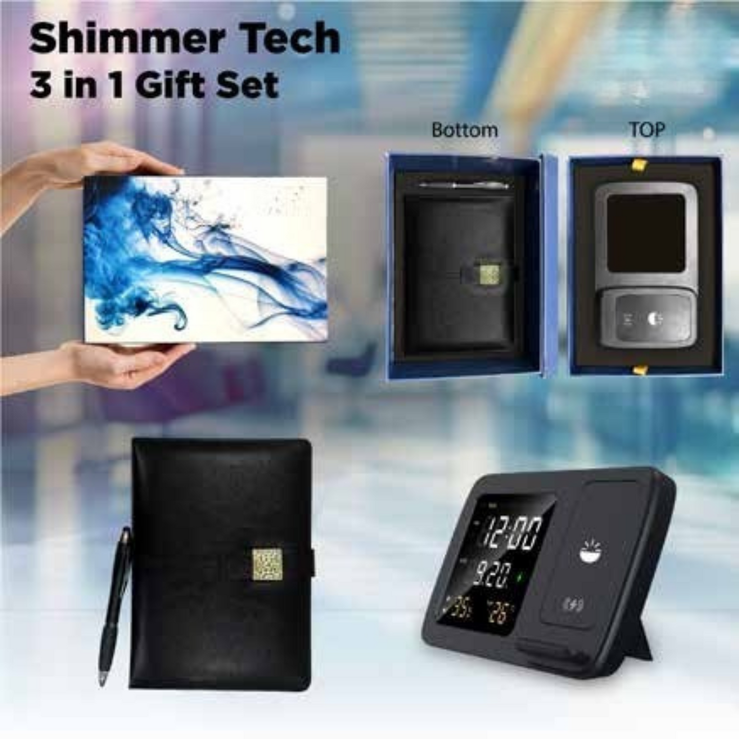 Shimmer Tech 3-in-1 Gift Box with Wireless Charging Clock, Pen & Diary