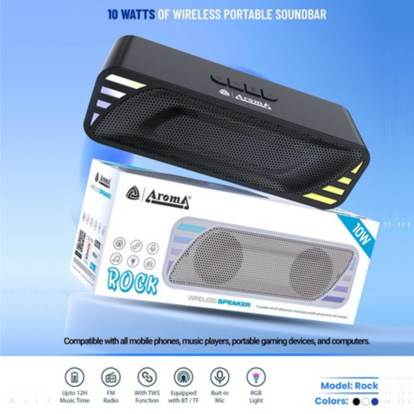 Rock 10W SoundBar – Aroma Compact Power with RGB Lighting (Mix Colors)