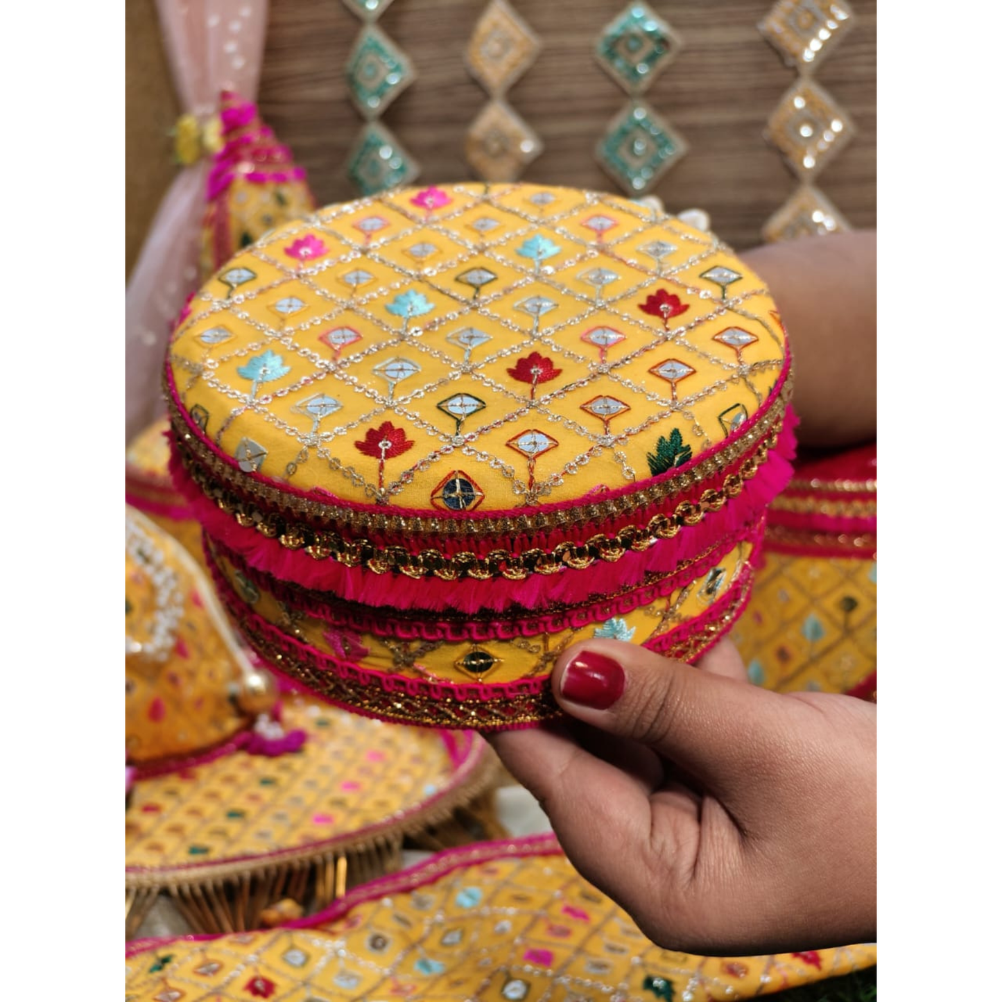 Handcrafted Yellow Embroidered Steel Box