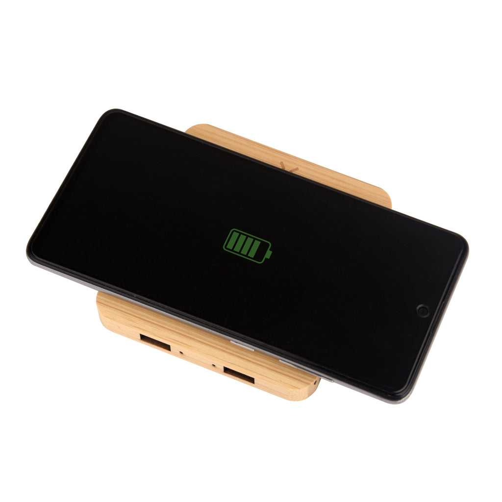 Pine 15W Square Bamboo Wireless Charger with USB Hub