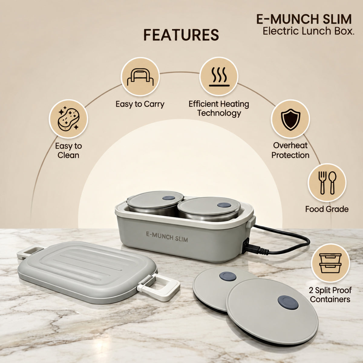E-Munch Slim Electric Lunch Box with 2 Food-Grade Containers