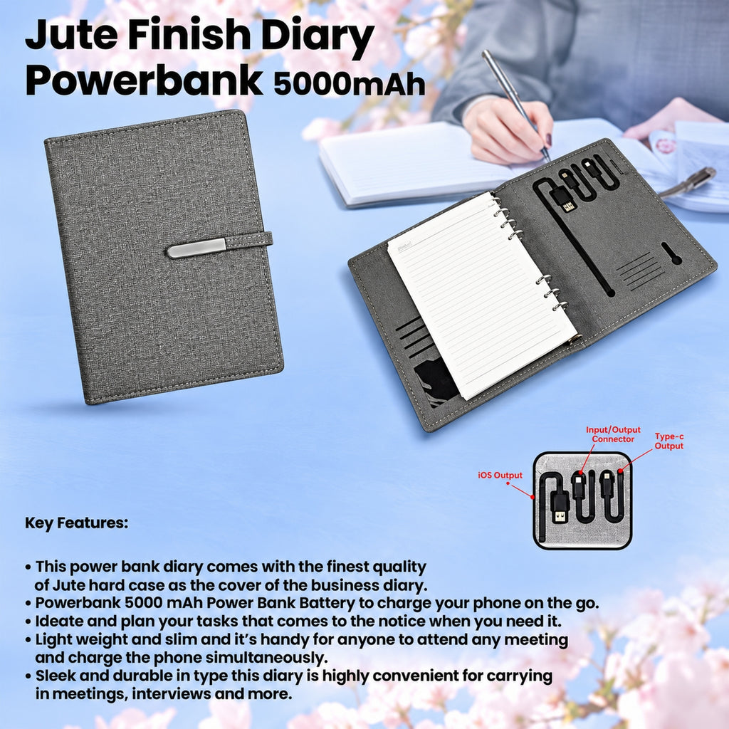 Elegant Grey Jute Diary Powerbank 5000mAh