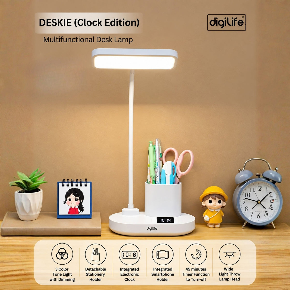 DigiLife Deskie Clock Edition Multifunctional Desk Lamp with Timer & Clock