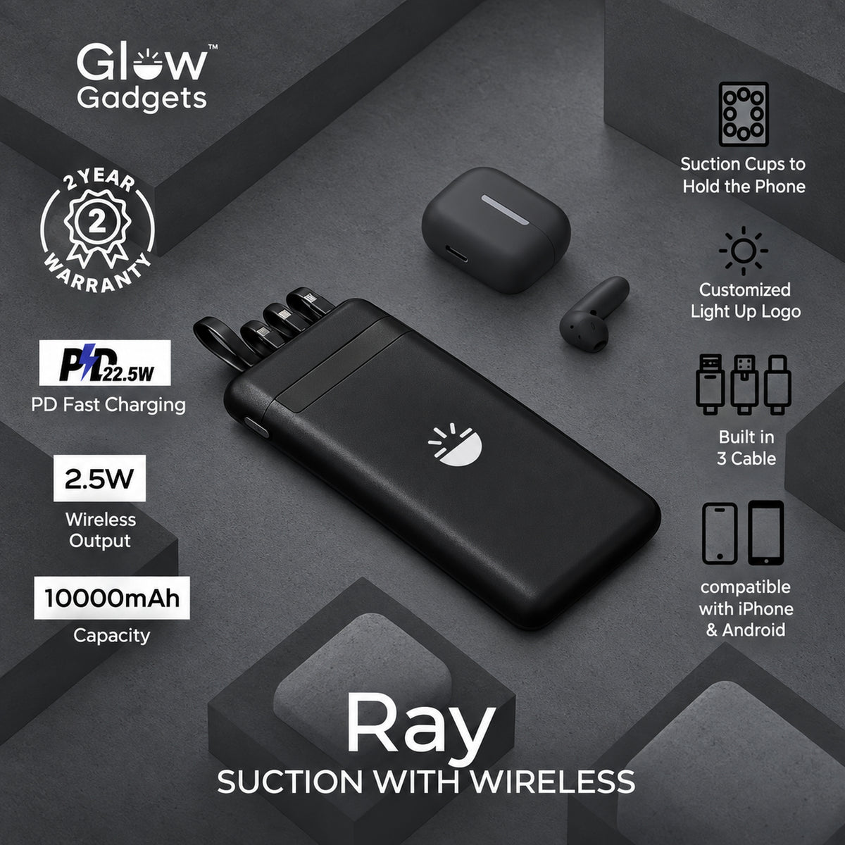 Glow Gadgets Ray 10000mAh Suction Wireless Power Bank