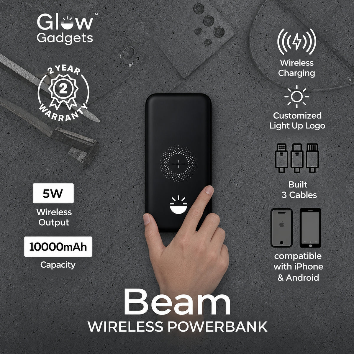 Glow Gadgets Beam 10000mAh Power Bank with Built-in Cables