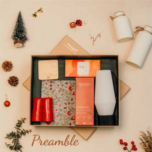 Preamble Gift Hamper with Bamboo Charger, Desk Lamp & Wellness Treats