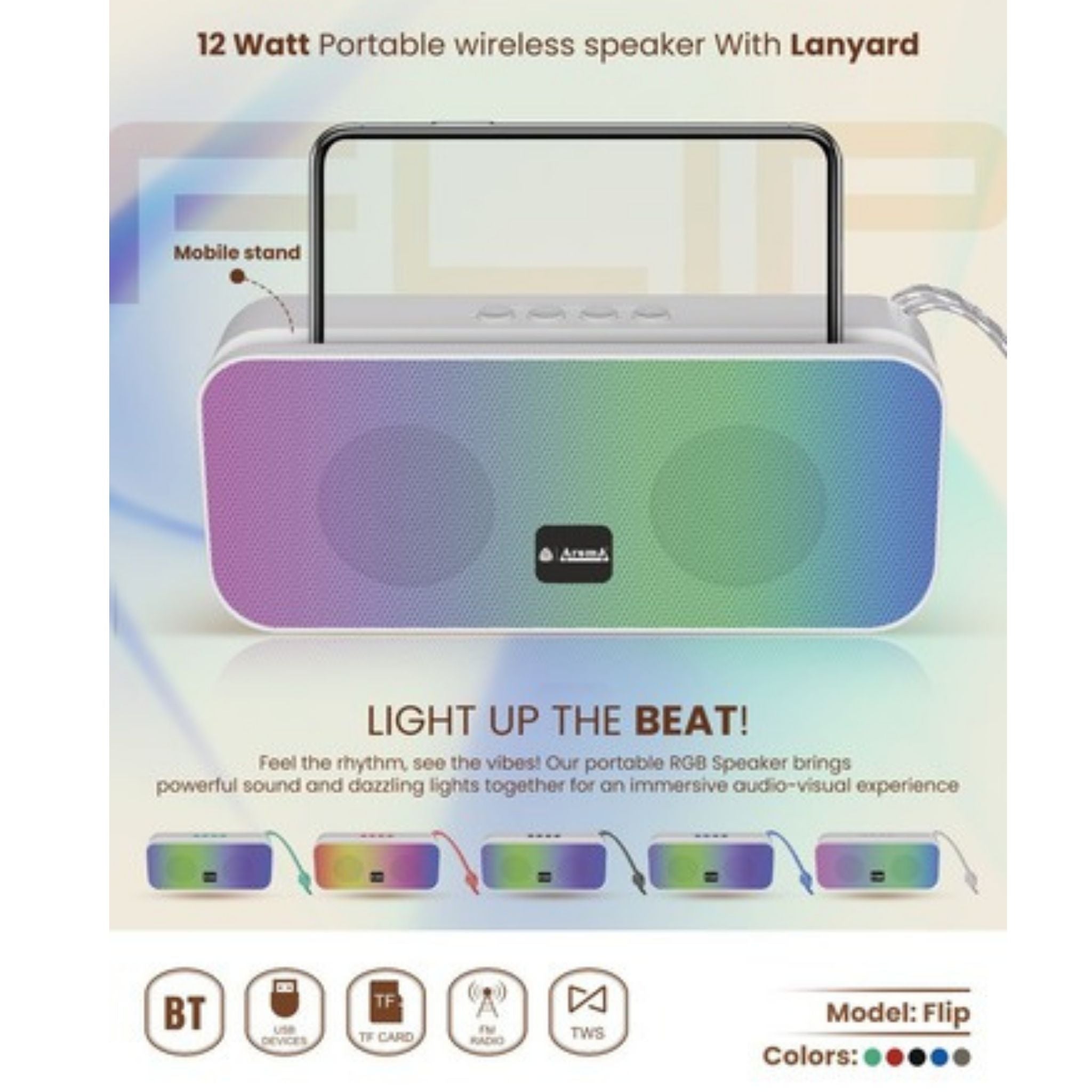 Flip 12W Bluetooth Speaker –Aroma Portable Hi-Fi Audio with Mobile Stand (Mix Colors)