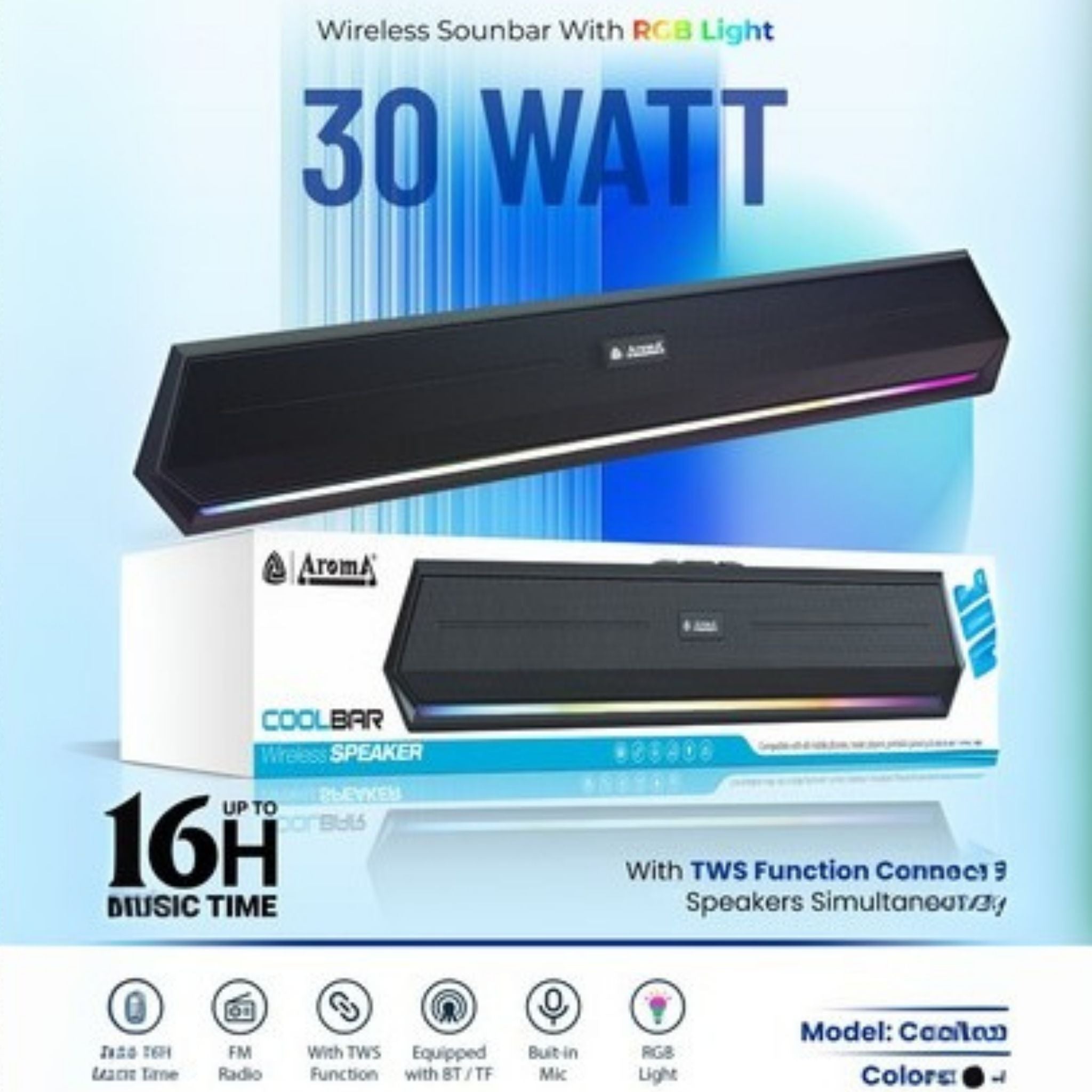 CoolBar 30W SoundBar  – Aroma Powerful Audio with RCB Lighting (Mix Colors)
