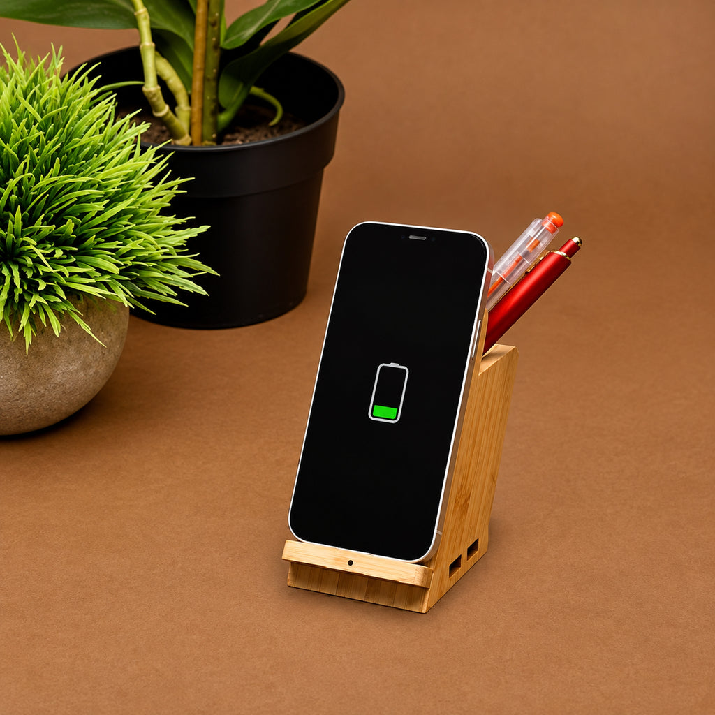 Wangari Maple 15W Wireless Charger & USB Hub with Pen Stand