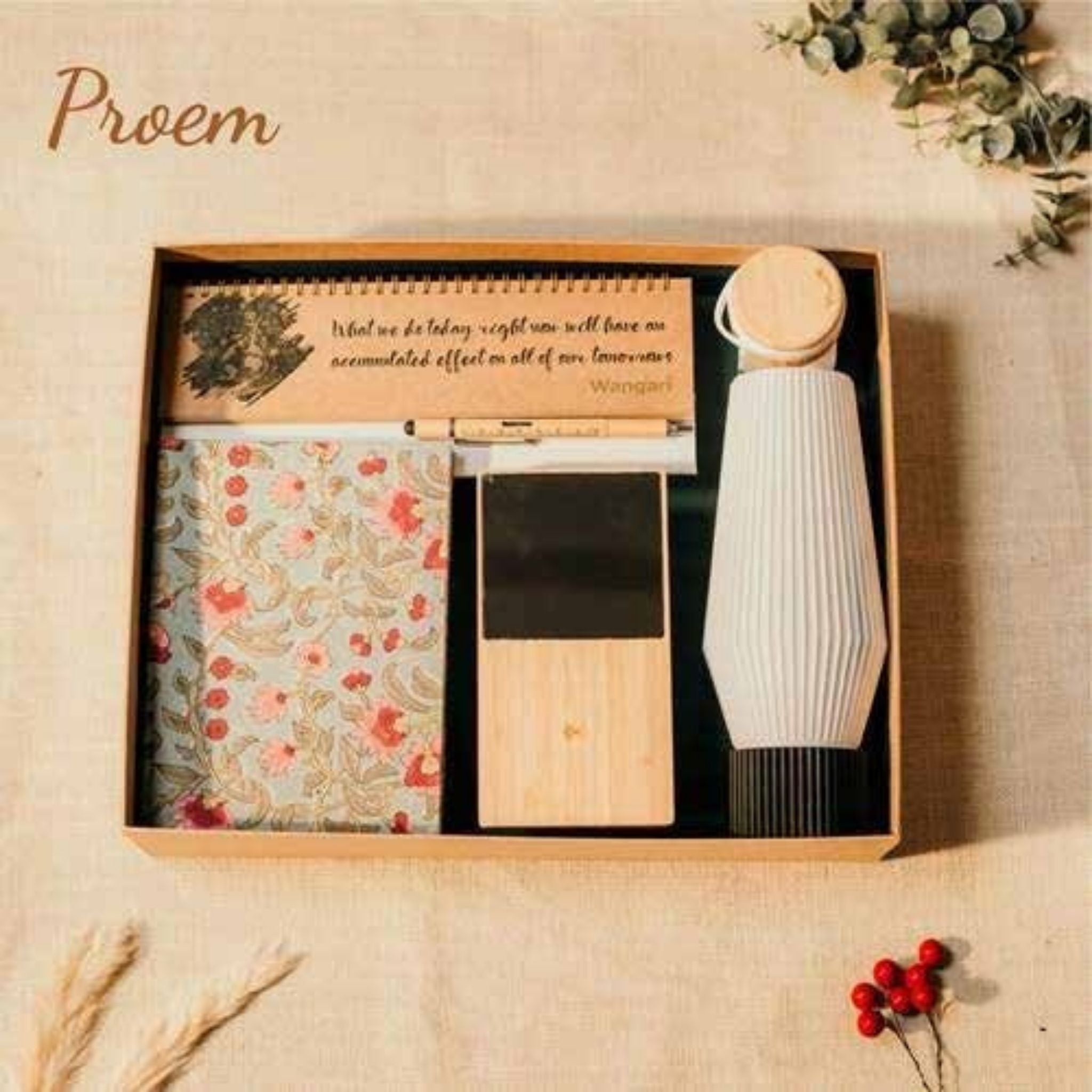 Proem 6-in-1 Gift Hamper with Wireless Charger, Earbuds, Desk Lamp & Eco Stationery