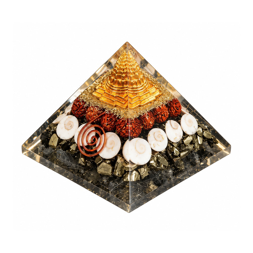 Lakshmi Prosperity Pyramid with Shree Yantra, Rudraksha, Gomati Chakra & Pyrite