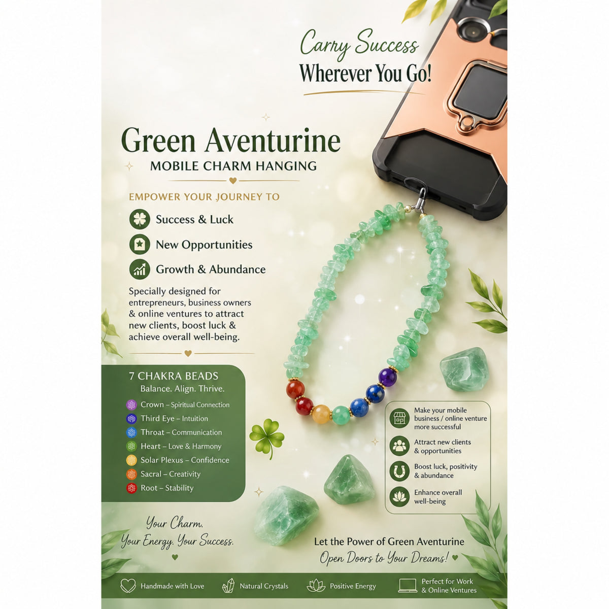 Crystal Phone Charm Hanging with 7 Chakra Beads