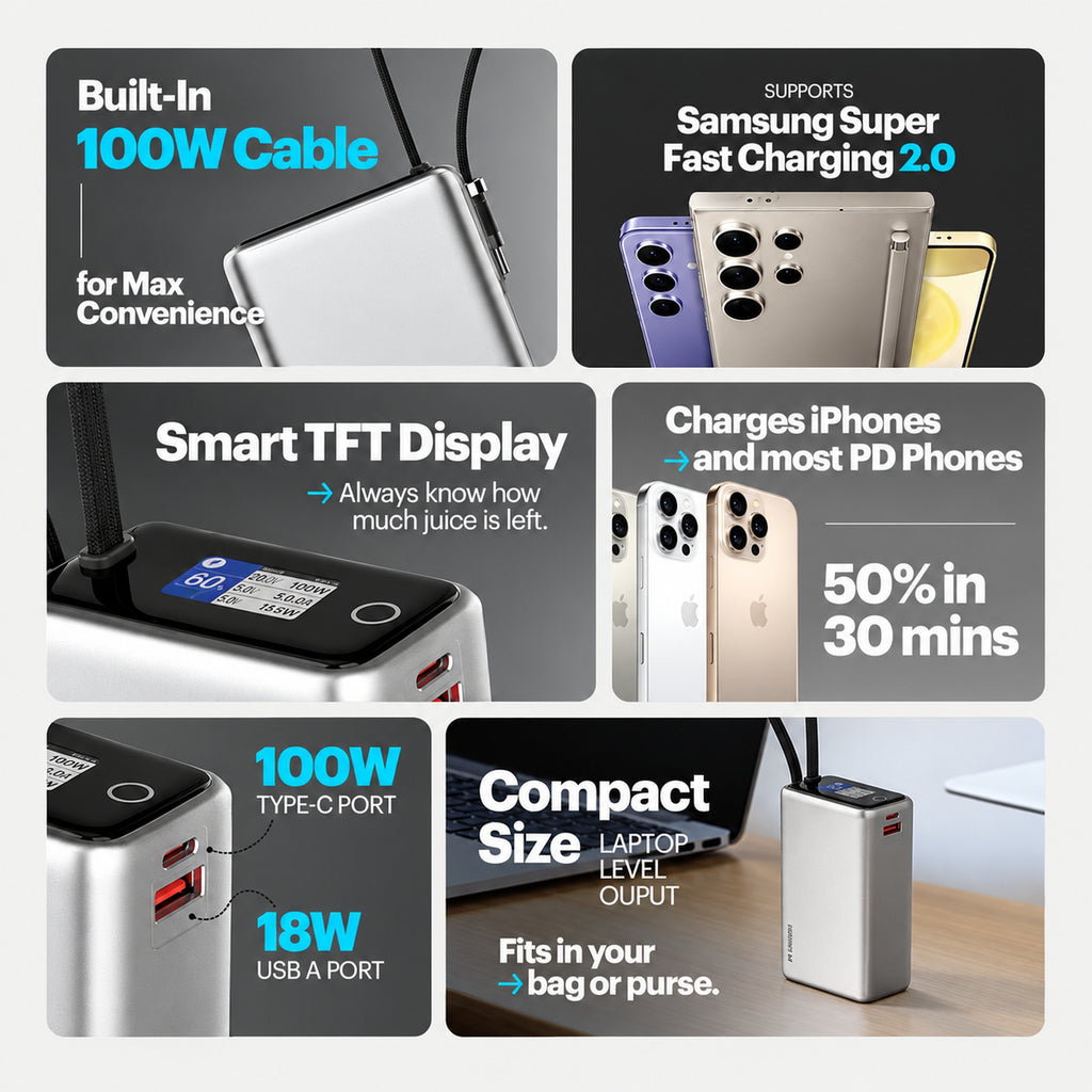 Stuffcool Giga Max 25000mAh 100W Power Bank with Built-in Type-C Cable