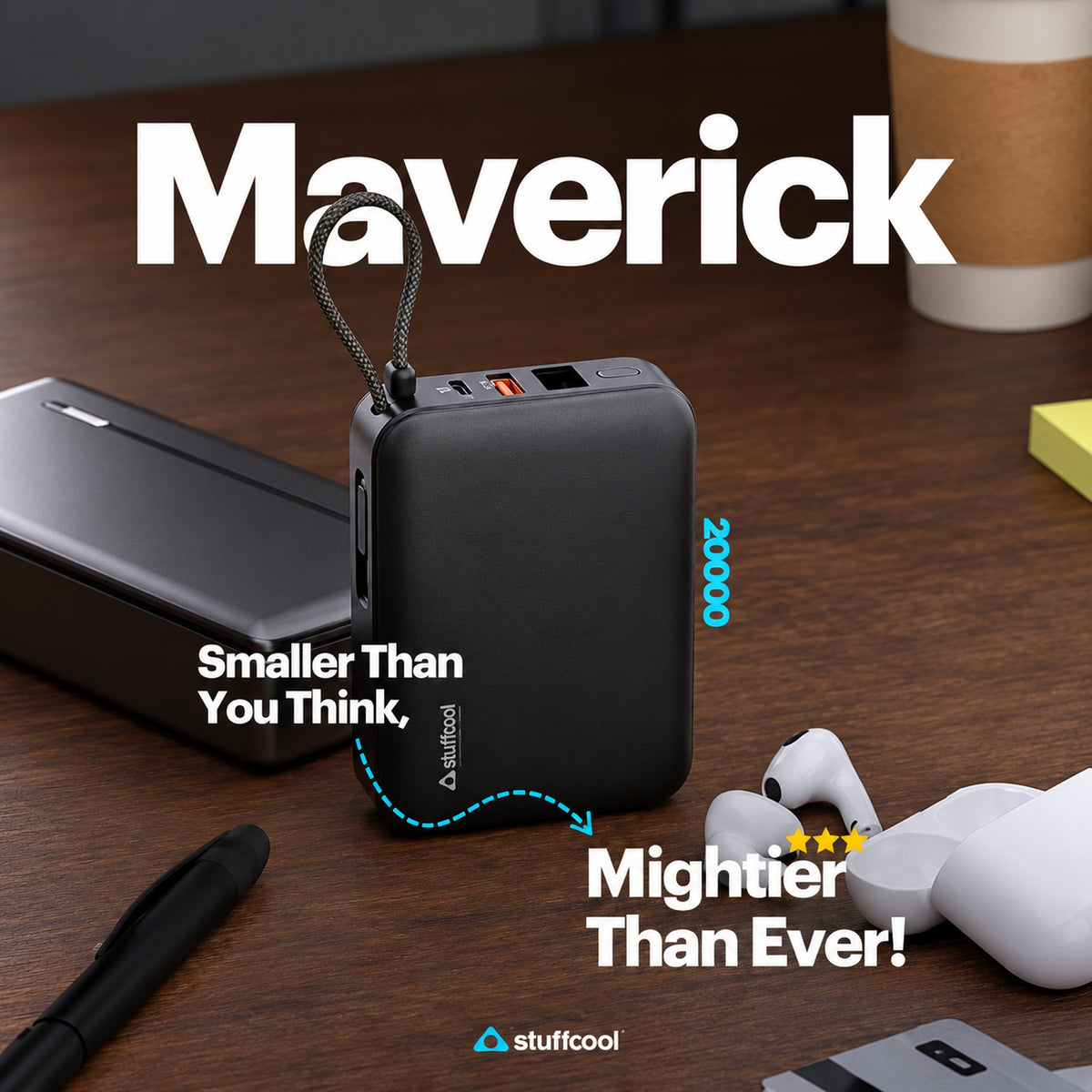 Stuffcool Maverick 20000mAh Power Bank with 2 Built-in Fast Charging Cables