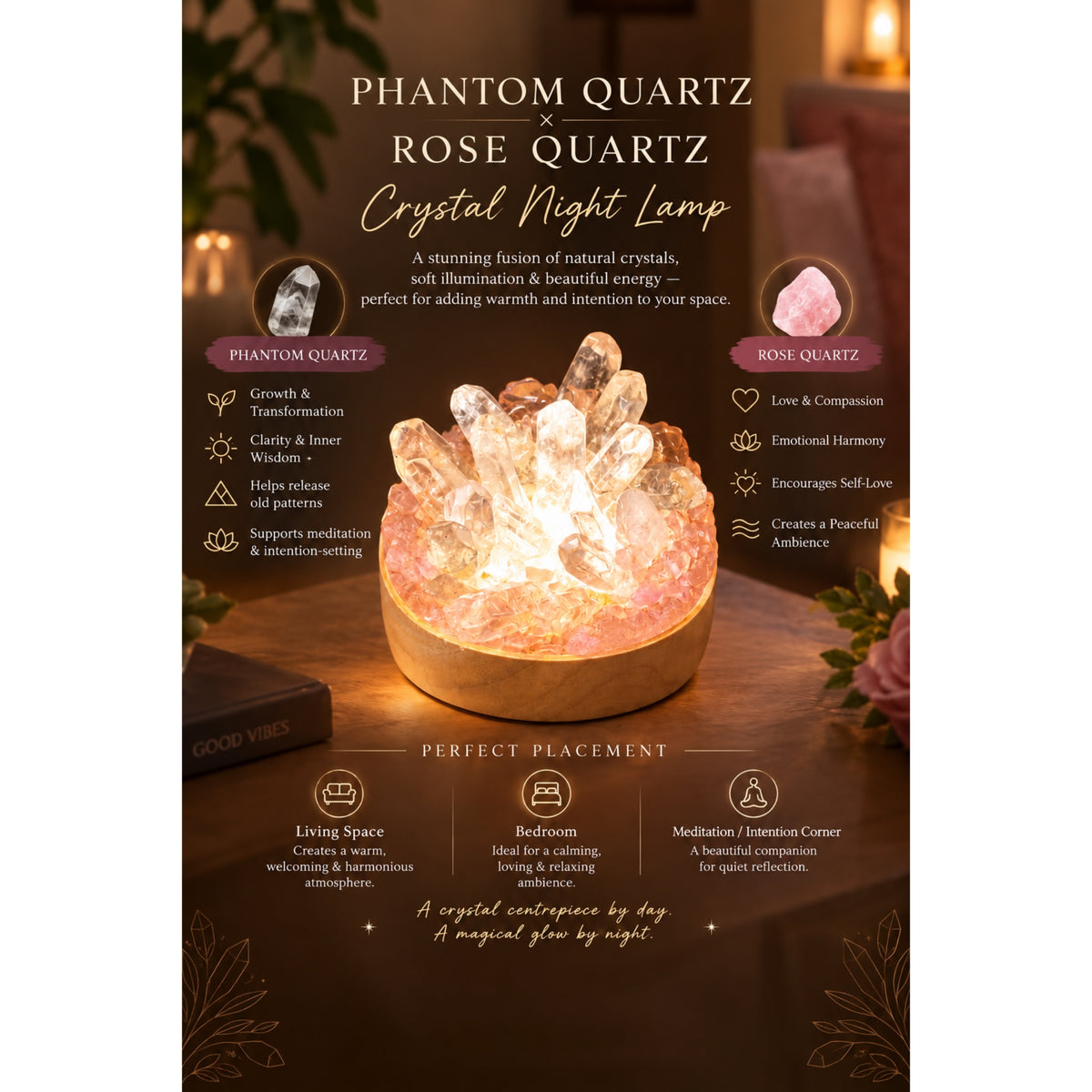 Phantom Quartz & Rose Quartz Crystal Night Lamp