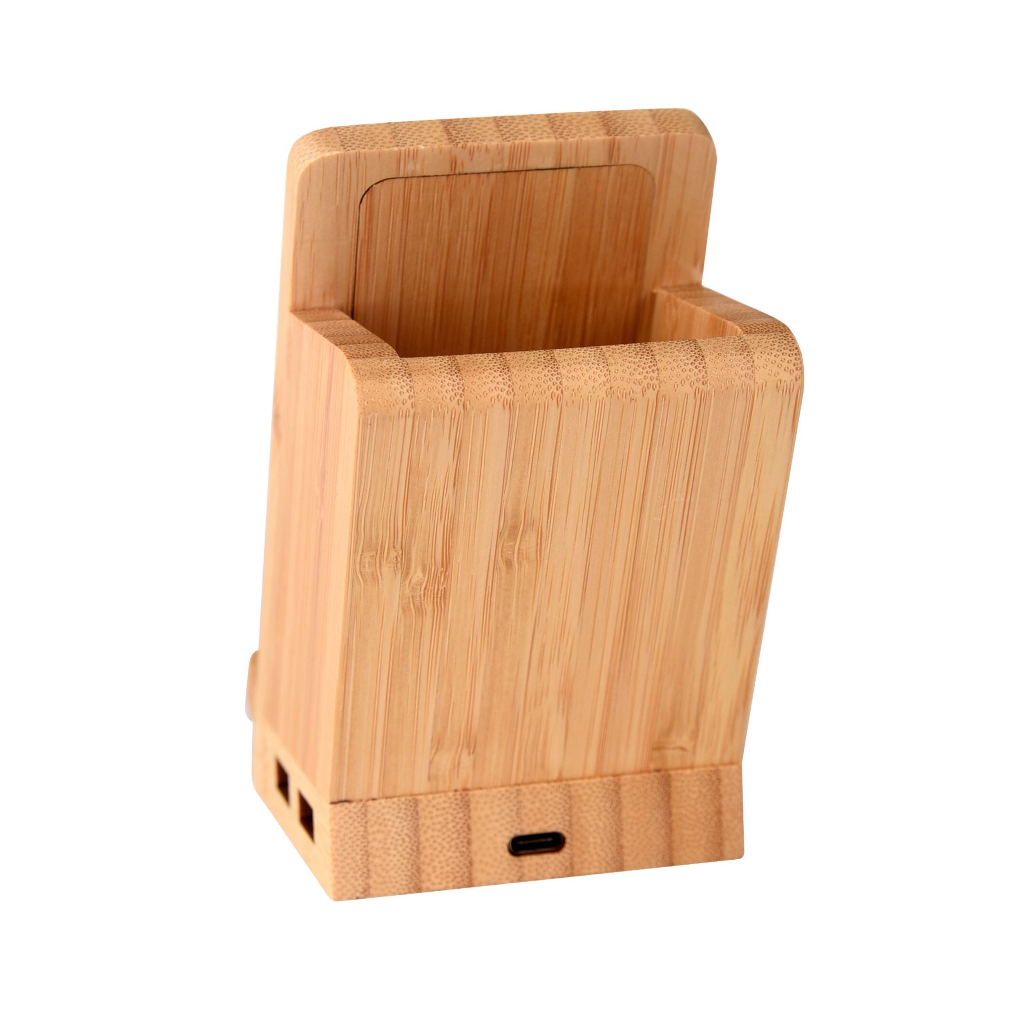 Maple 15W Bamboo Wireless Charger & USB Hub with Pen Stand