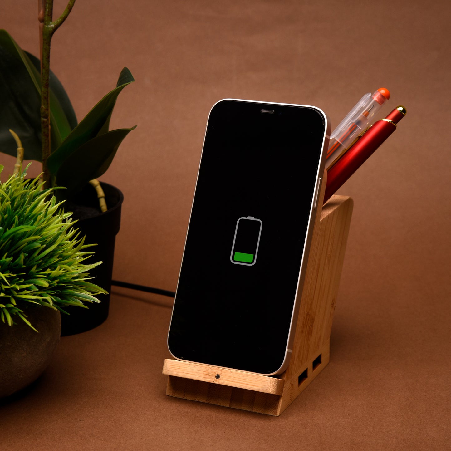 Maple 15W Bamboo Wireless Charger & USB Hub with Pen Stand