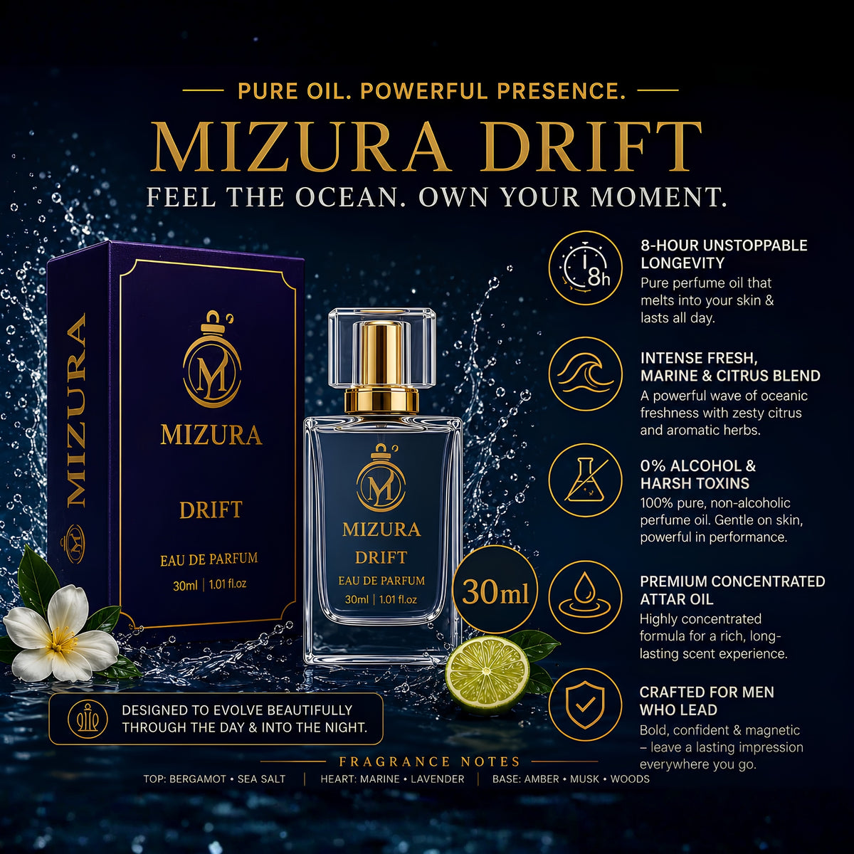 Mizura Drift Pure Perfume Oil 30ml - Non-Alcoholic Fragrance