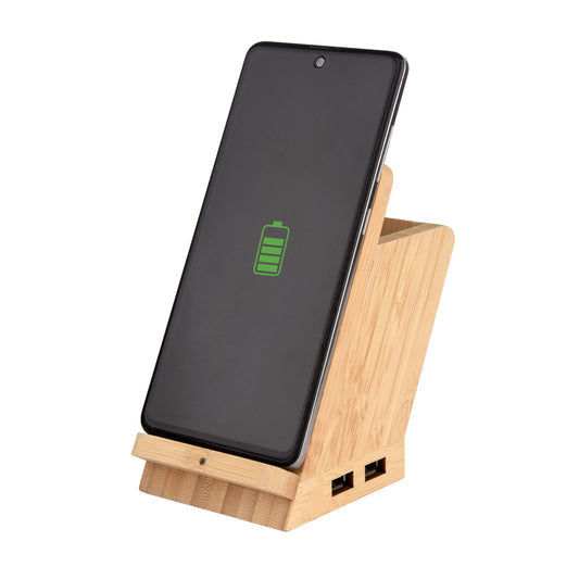 Maple 15W Bamboo Wireless Charger & USB Hub with Pen Stand