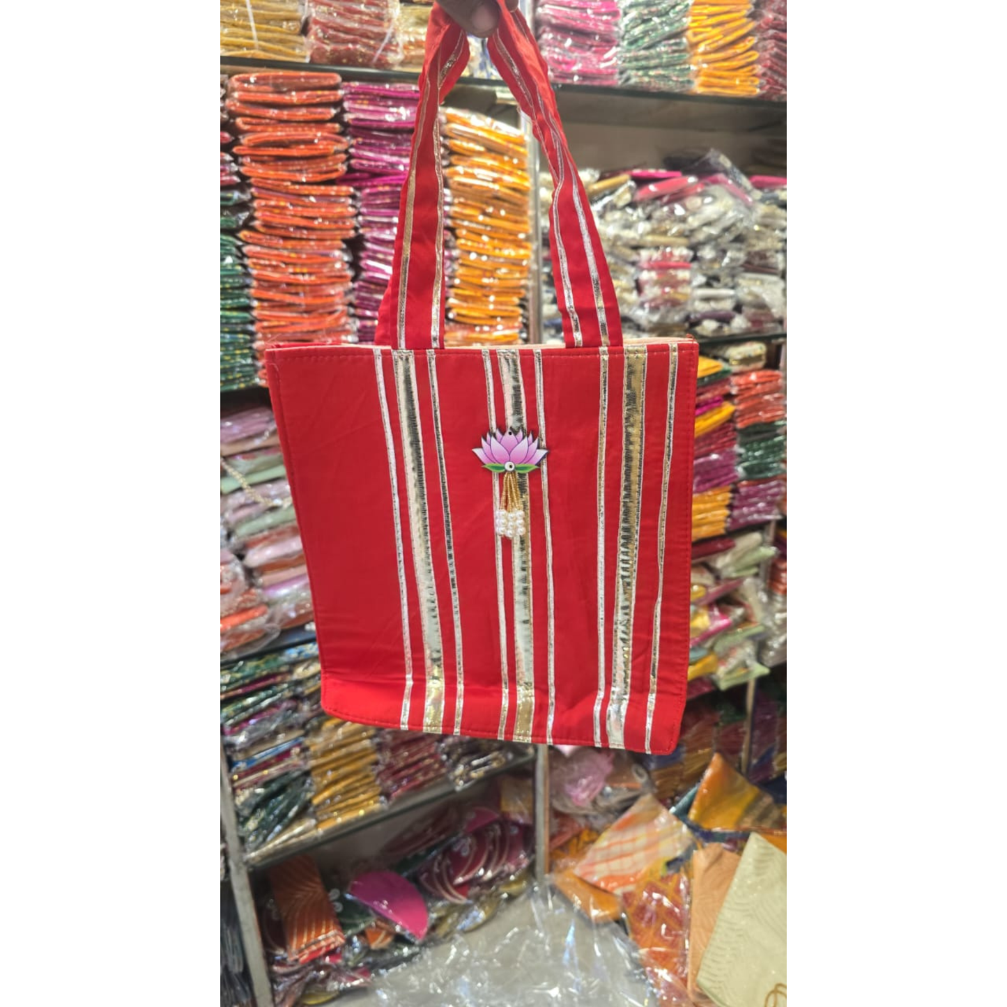 Red Gota Strip Fabric Gift Tote with Lotus Motif