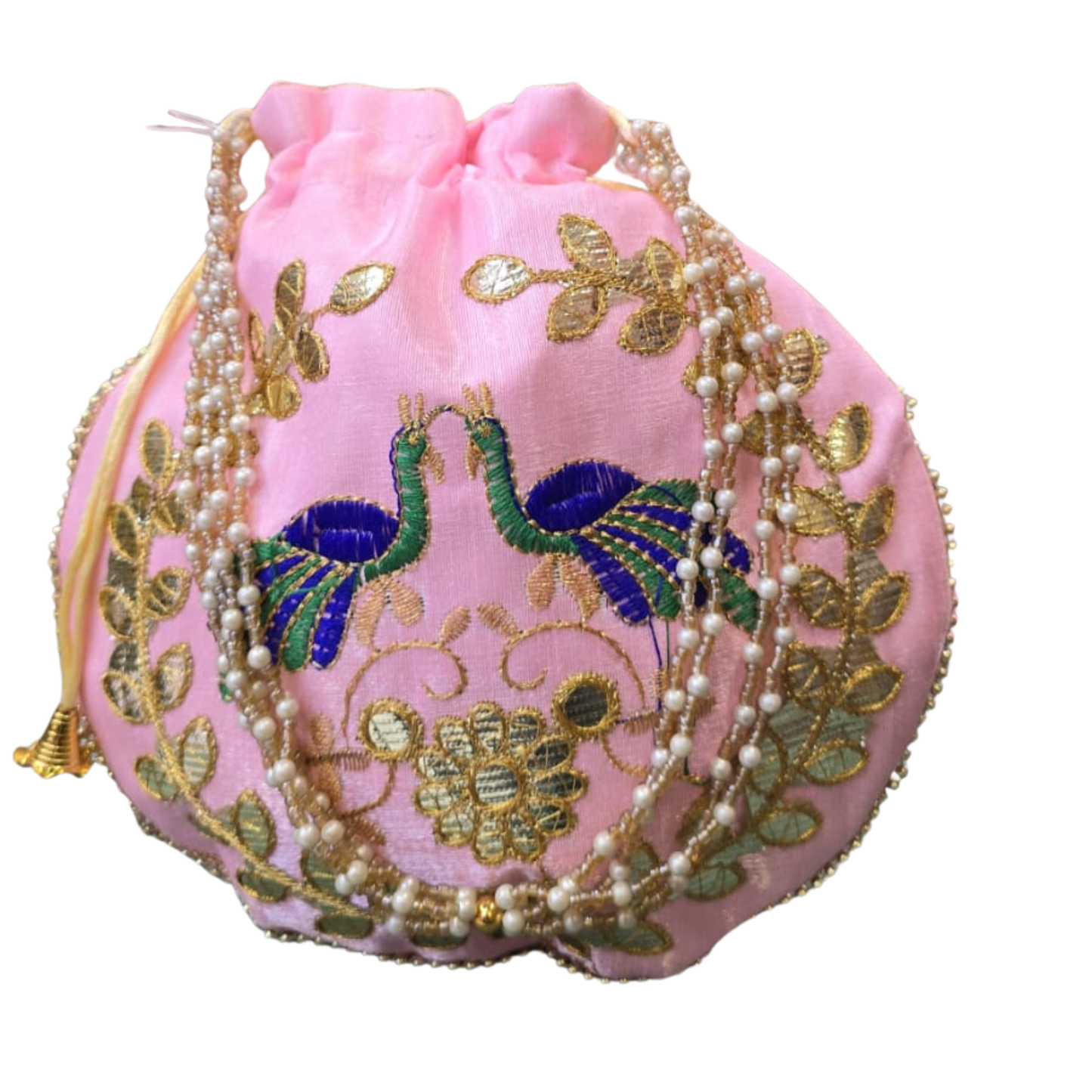 Handcrafted Pink Peacock Embroidered Potli Bag with Pearl Handle