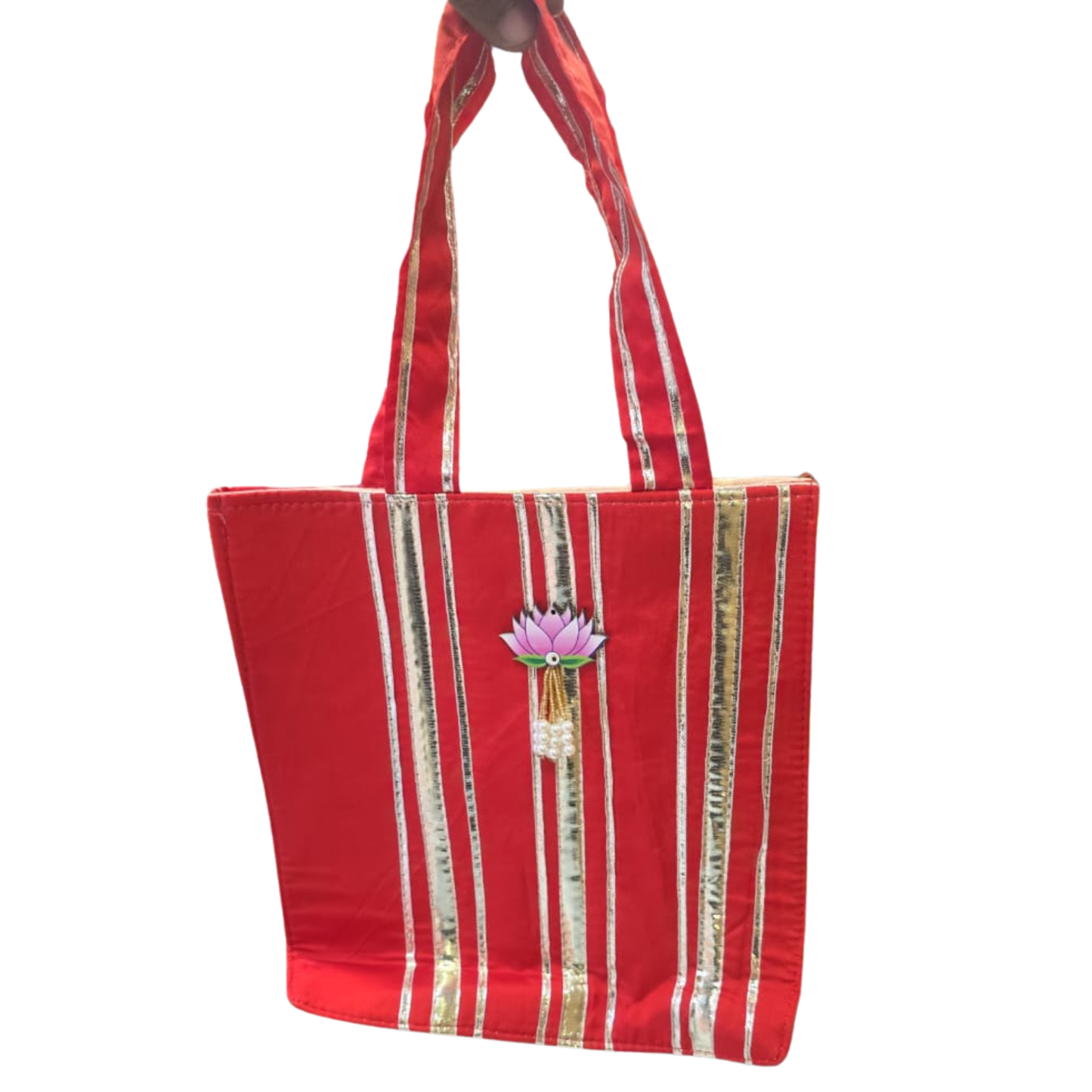 Red Gota Strip Fabric Gift Tote with Lotus Motif